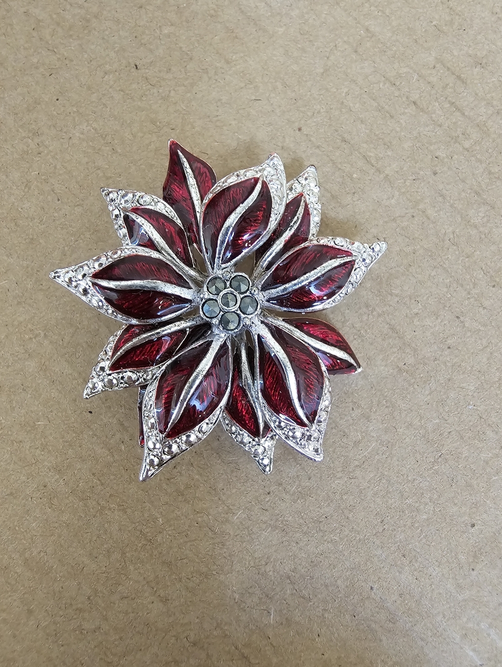 Vintage Red Flower Pin Brooch with Silver Accents